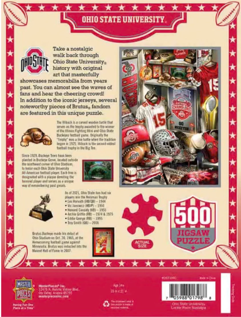 back of box, OHIO STATE BUCKEYES LOCKER ROOM 500 PIECE PUZZLE