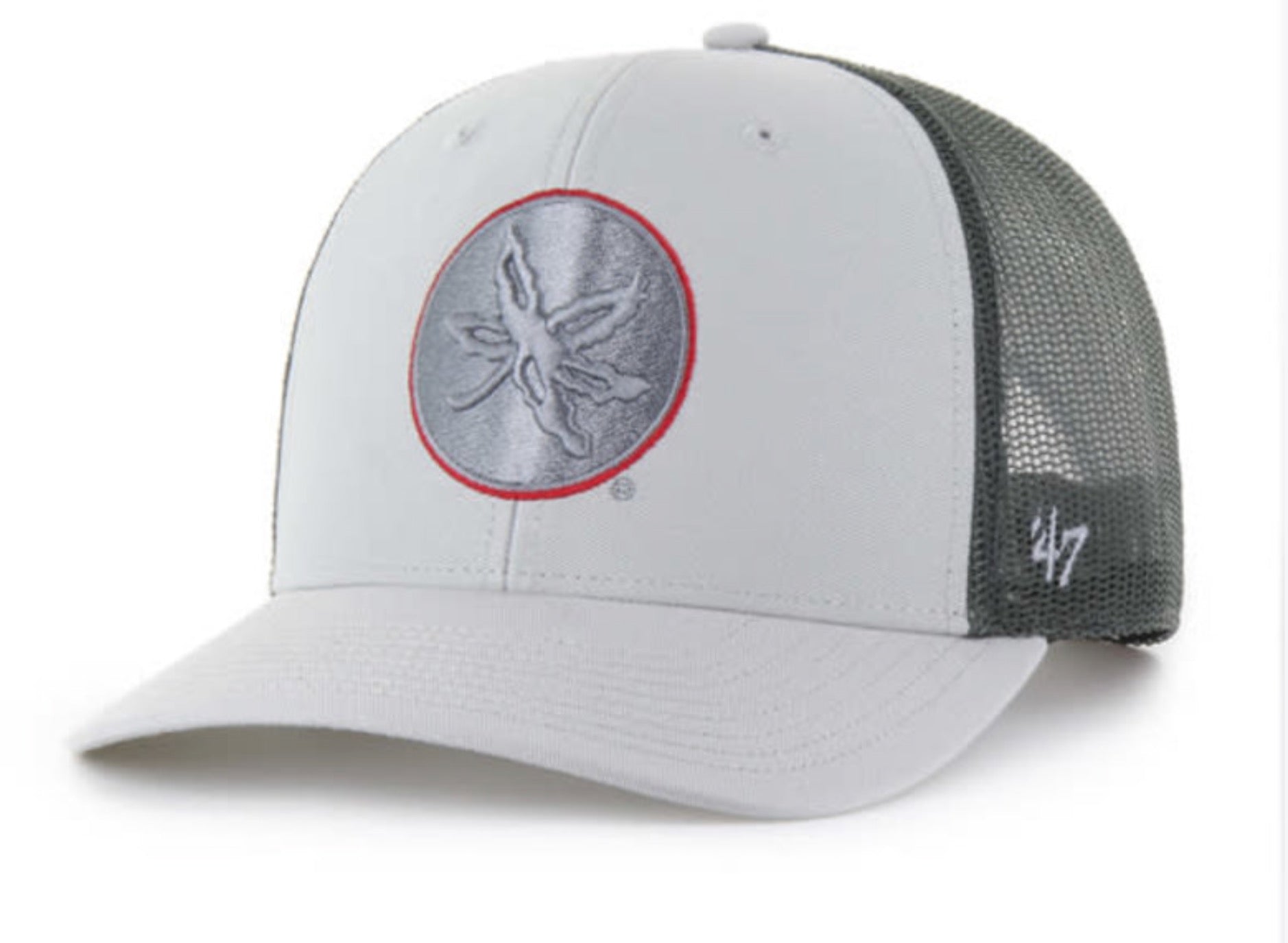 A white and dark gray trucker hat with a circular embroidered logo on the front and a '47 brand mark on the side mesh.