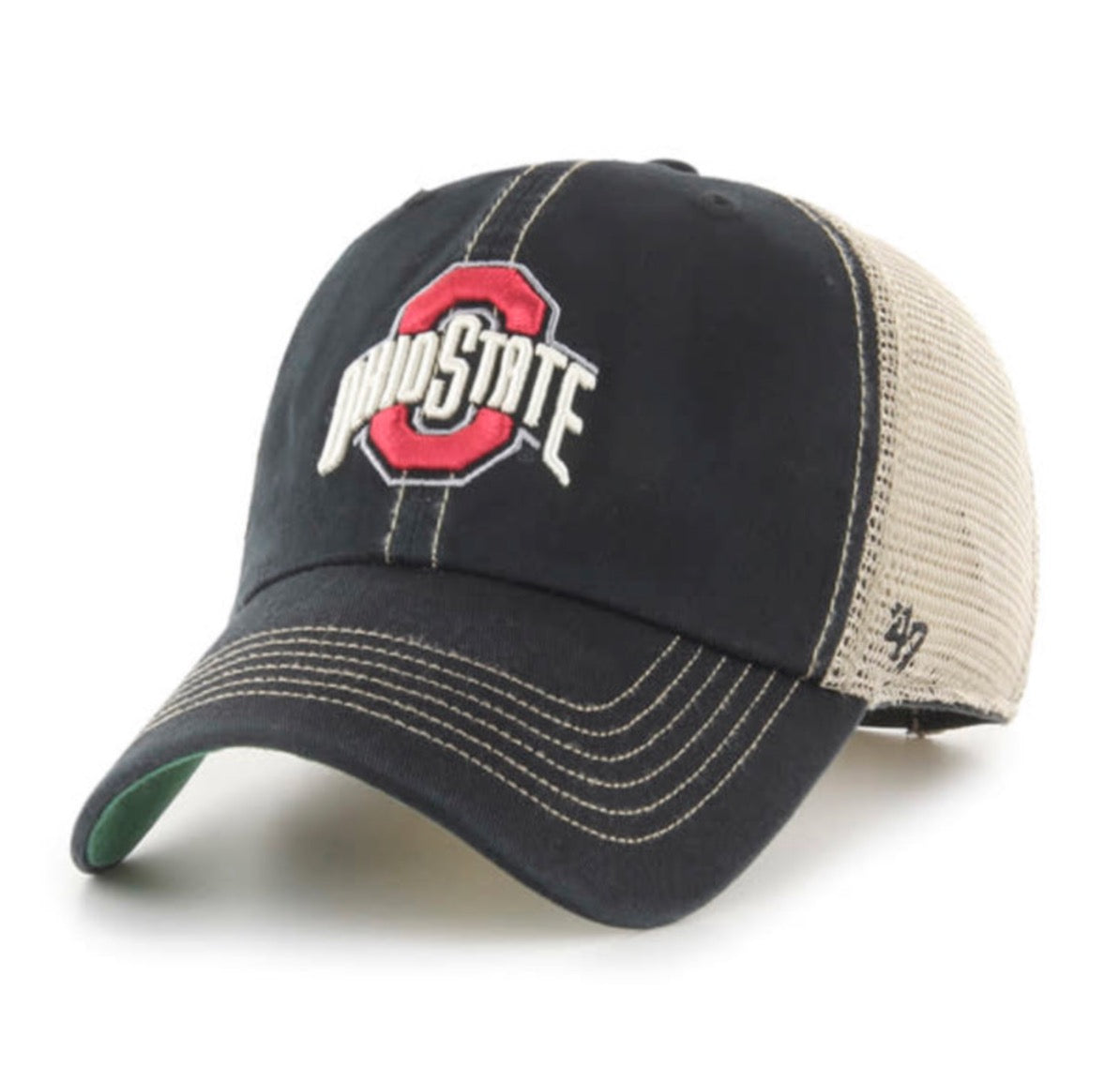 A black and beige trucker hat featuring the Ohio State Buckeyes logo embroidered on the front, with '47 branding on the side mesh.