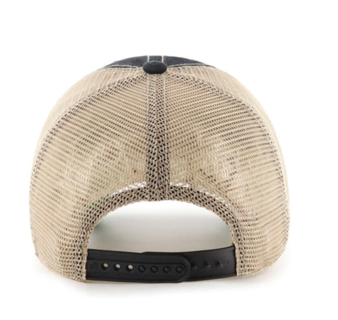Rear view of a beige mesh trucker cap with a black snapback closure and black top button, shown on a white background.