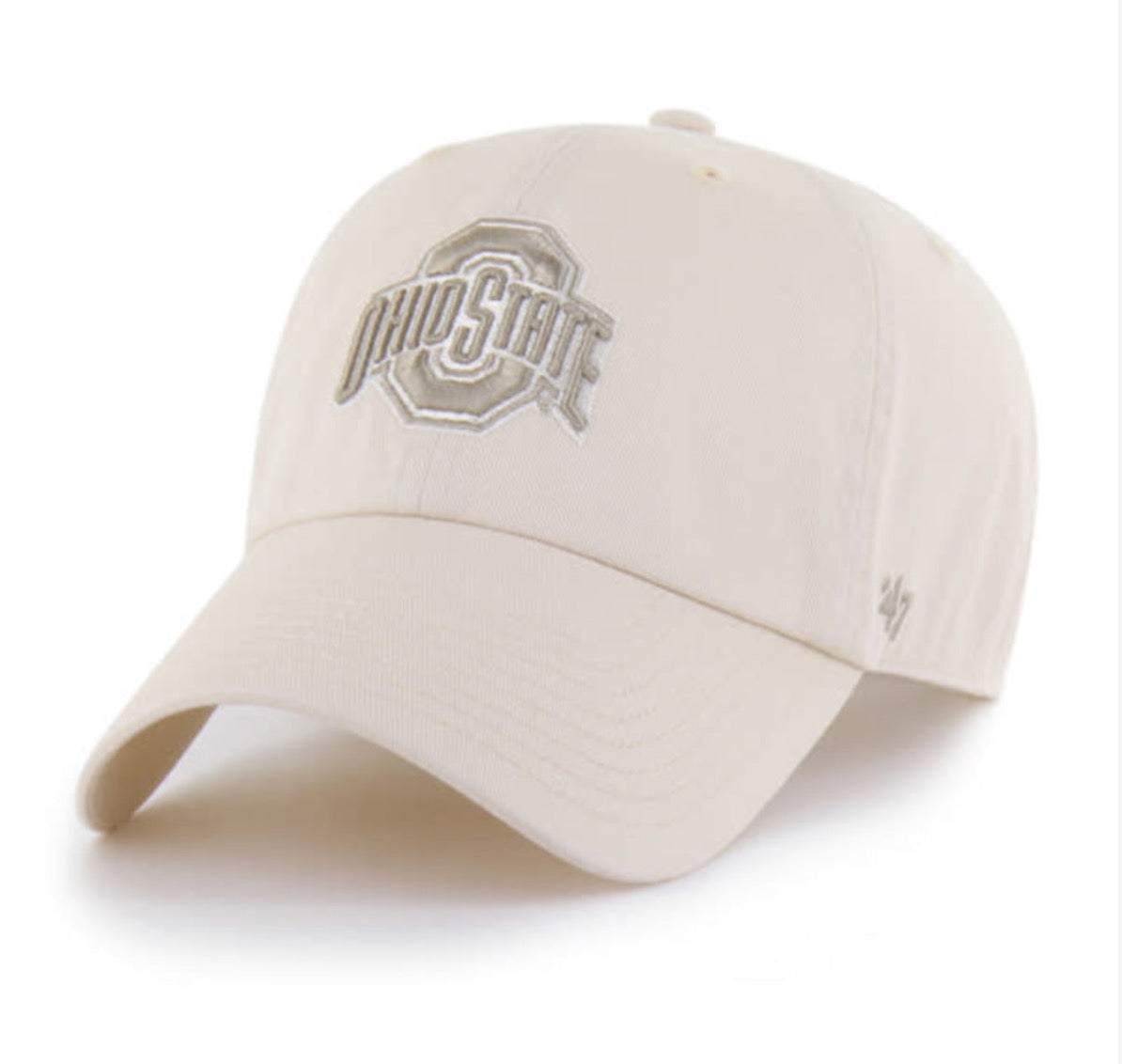 A light beige baseball cap featuring an embroidered Ohio State logo on the front and a small '47 brand logo on the side, set against a plain white background.