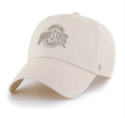 A light beige baseball cap featuring an embroidered Ohio State logo on the front and a small '47 brand logo on the side, set against a plain white background.