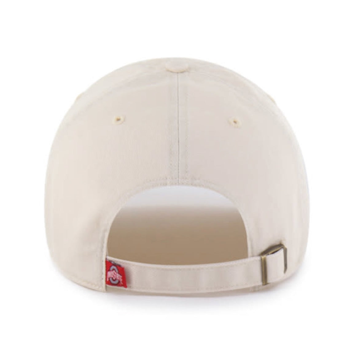 Back view of a light beige baseball cap with an adjustable strap and a small red Ohio State logo patch on the side, set against a plain white background.