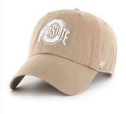 A beige baseball cap featuring a white embroidered Ohio State logo on the front and a white '47 brand logo on the side, set against a plain white background.