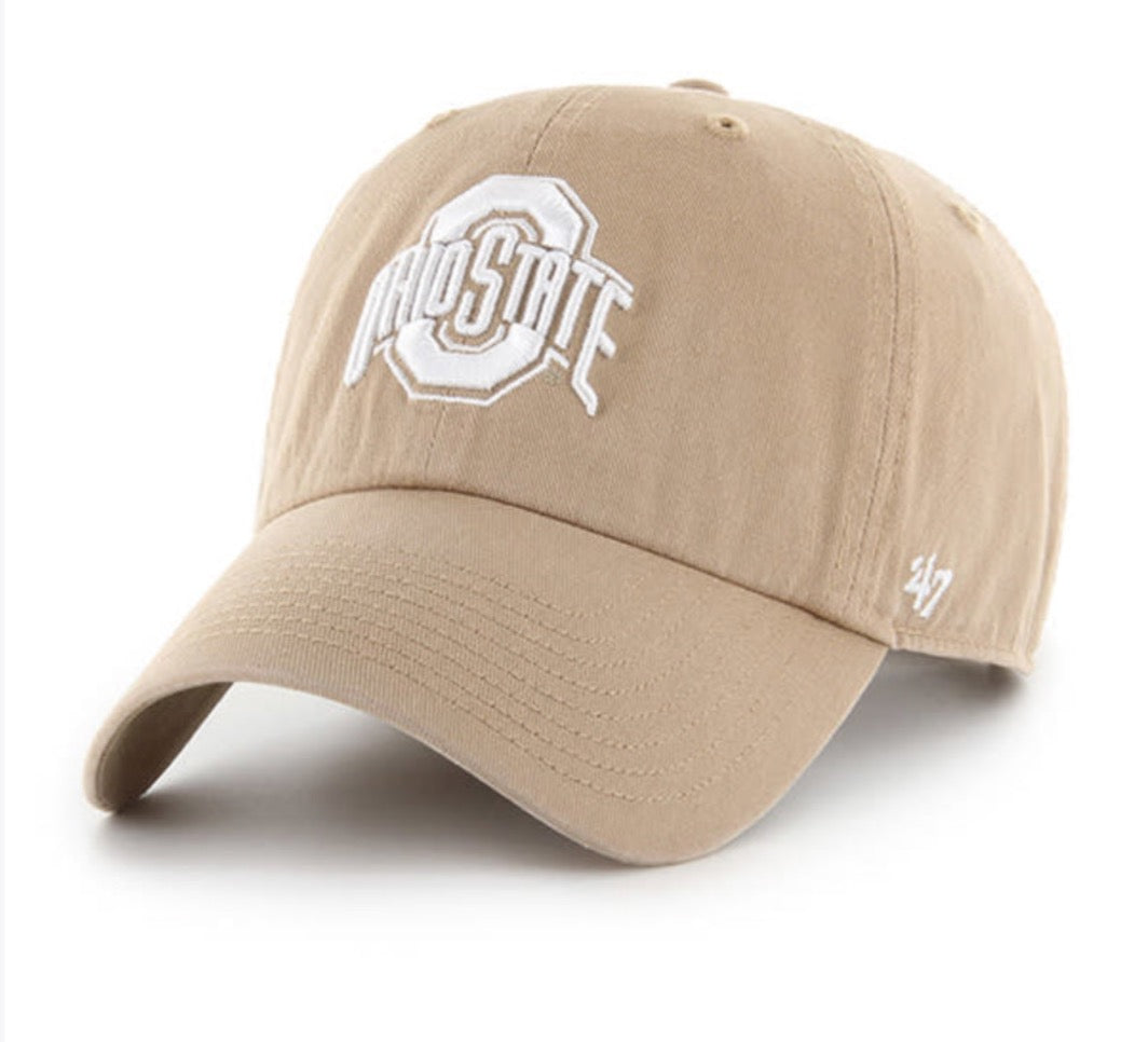 A beige baseball cap featuring a white embroidered Ohio State logo on the front and a white '47 brand logo on the side, set against a plain white background.