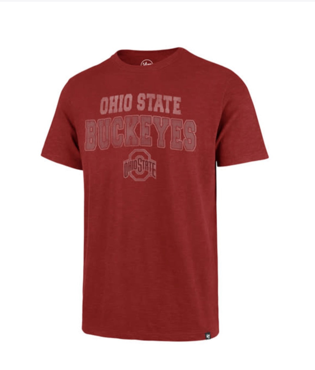 A heather red short-sleeve t-shirt featuring a faded graphic print of 'OHIO STATE BUCKEYES' and the Ohio State logo on the front, displayed against a plain white background.