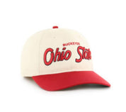 An off-white baseball cap with a red visor and red embroidered lettering that reads 'BUCKEYES Ohio State' on the front, set against a plain white background.