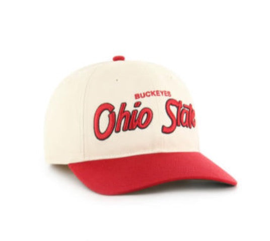 An off-white baseball cap with a red visor and red embroidered lettering that reads 'BUCKEYES Ohio State' on the front, set against a plain white background.