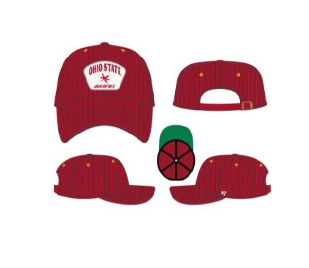A red baseball cap shown from multiple angles on a plain white background, with an Ohio State Buckeyes logo on the front and a green and red striped back panel visible in one view.
