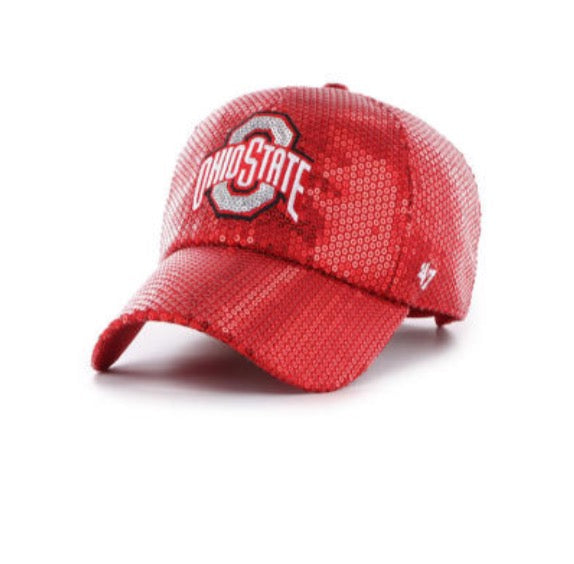 A red sequined baseball cap featuring the Ohio State Buckeyes logo embroidered on the front and a small '47 brand logo on the side, set against a plain white background.