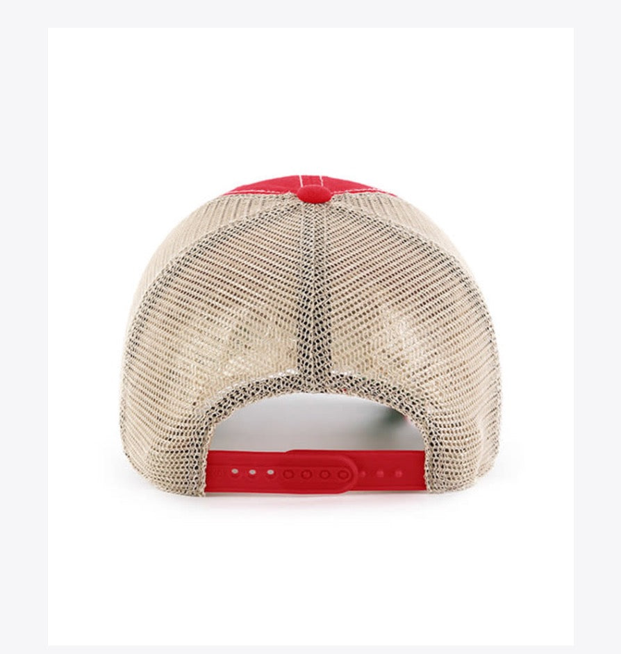 Back view of a trucker-style baseball cap with beige mesh back panels, a red curved top panel, and a red adjustable strap.