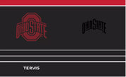 A graphic design template featuring the Ohio State Buckeyes logo in red on the left and a black version on the right, with the name 'TERVIS' in white at the bottom on a dark gray background.