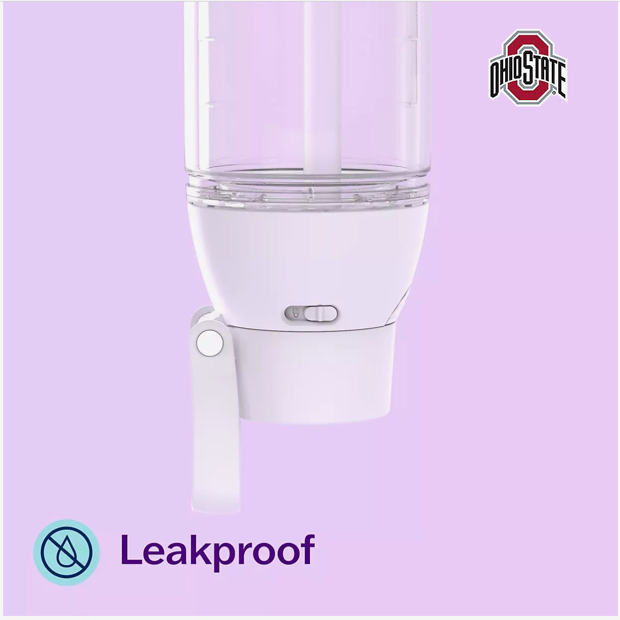 A white and clear water bottle with a flip spout, shown on a light purple background with the OhioState logo in the top right and a 'Leakproof' badge in the bottom left.