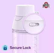 A white and clear plastic water bottle with a circular inset showing a lock switch feature labeled 'Secure Lock.' The OhioState logo appears in the top right, and a lock icon with the text 'Secure Lock' appears in the bottom left, all on a light lavender background.