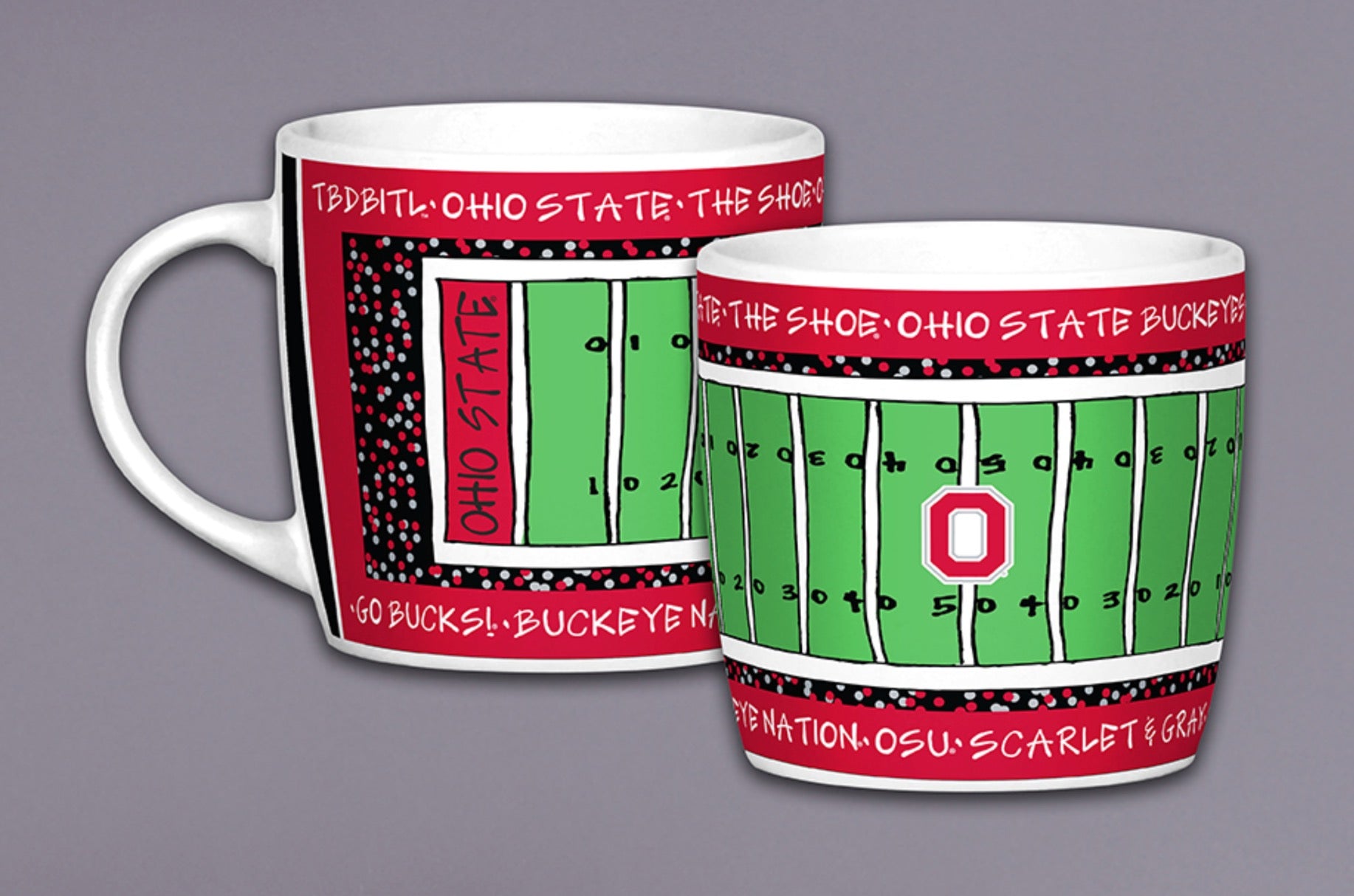 Two white ceramic mugs with Ohio State Buckeyes football field graphics, shown on a solid gray background.