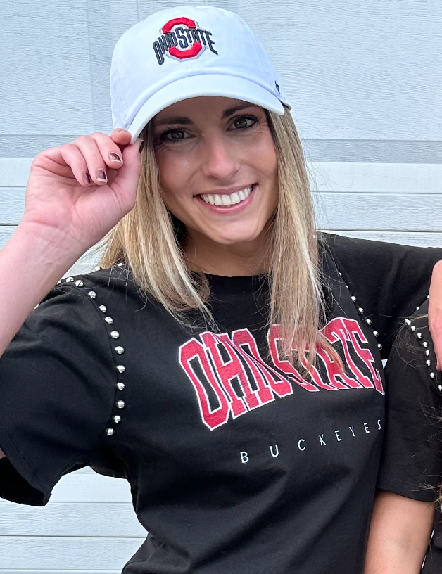 collge student wearing OHIO STATE BUCKEYES WHITE ADJUSTABLE HAT