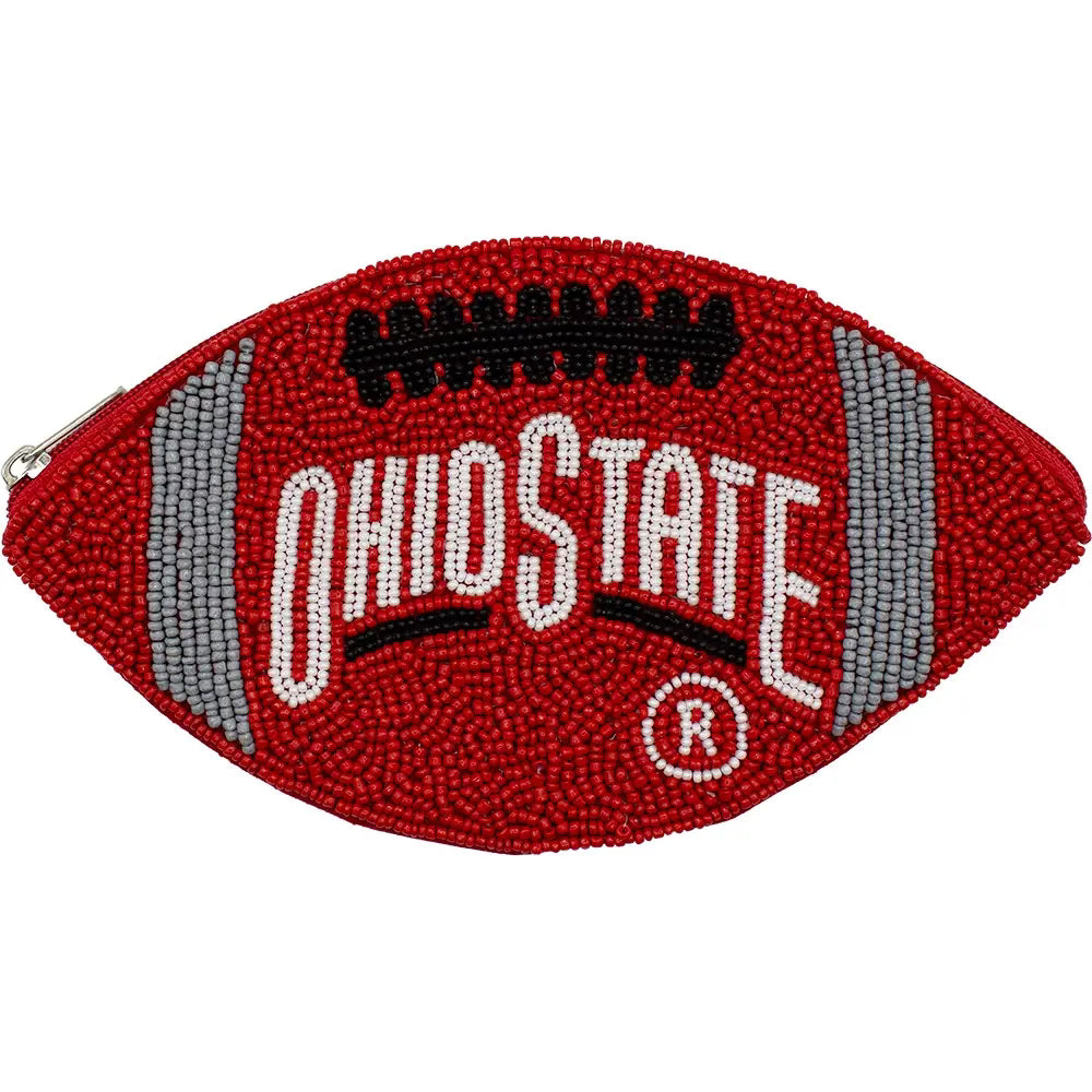Red beaded Ohio State football-shaped pouch on a white background