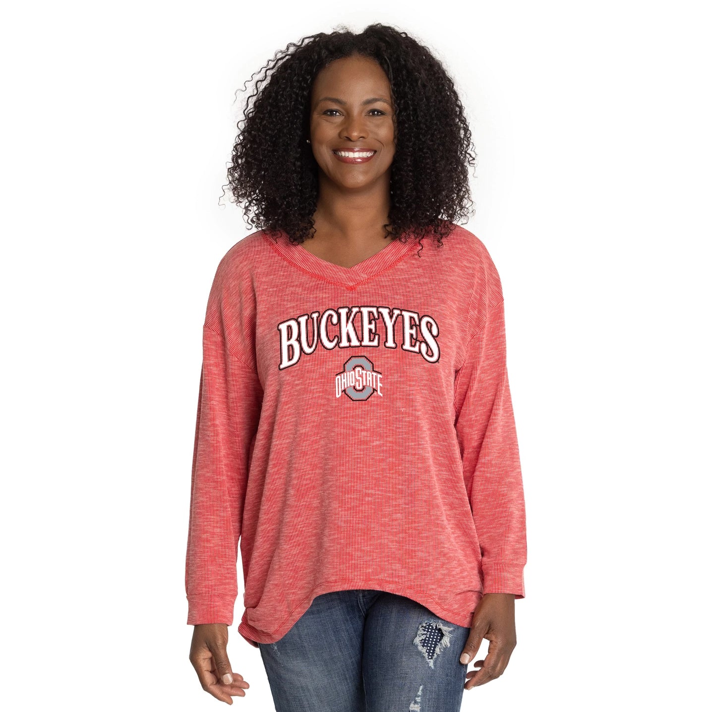 Woman wearing a red 'Buckeyes' long-sleeve shirt on a white background