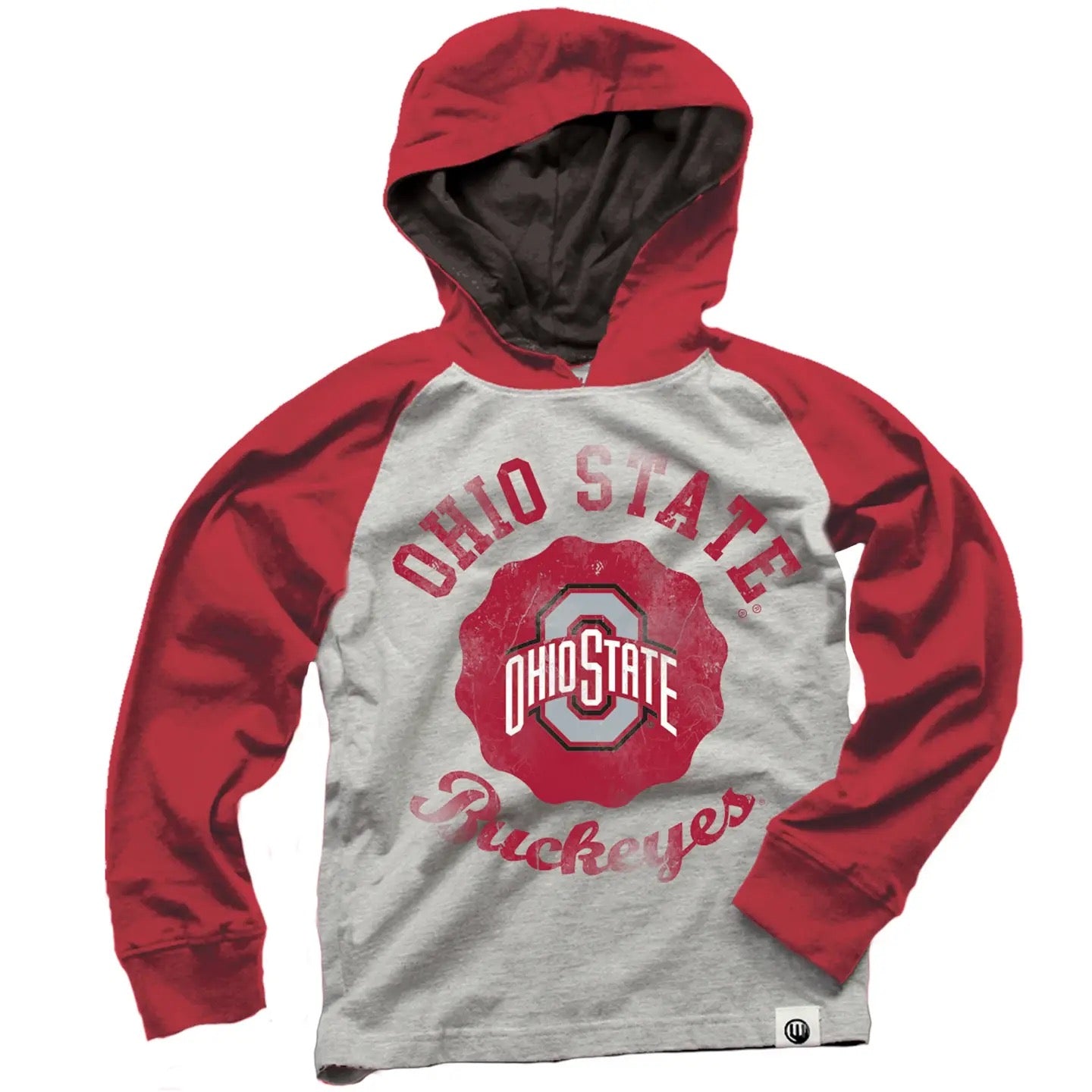 Red and gray hoodie with Ohio State Buckeyes logo on a white background