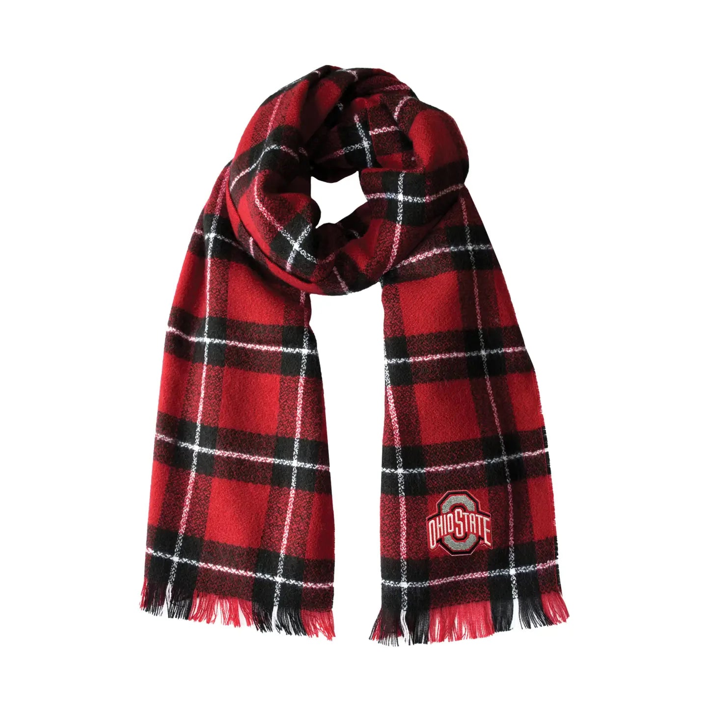 Red and black plaid scarf with 'Ohio State' logo on a white background