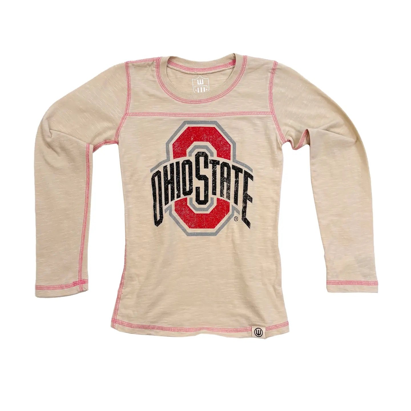 Beige long-sleeve shirt with Ohio State logo on a white background