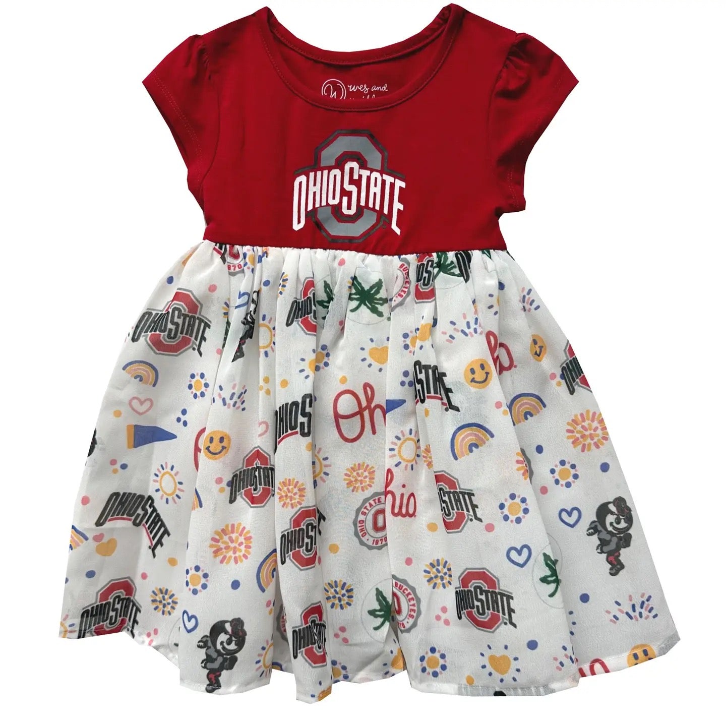 Red top and patterned skirt dress with Ohio State logo on a white background