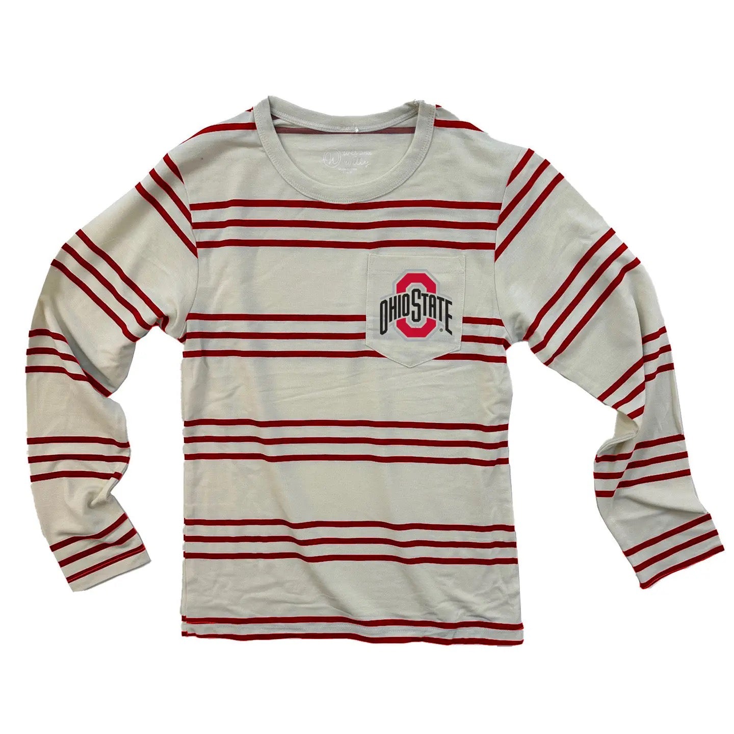 Long-sleeve shirt with red and white stripes and Ohio State logo on a white background