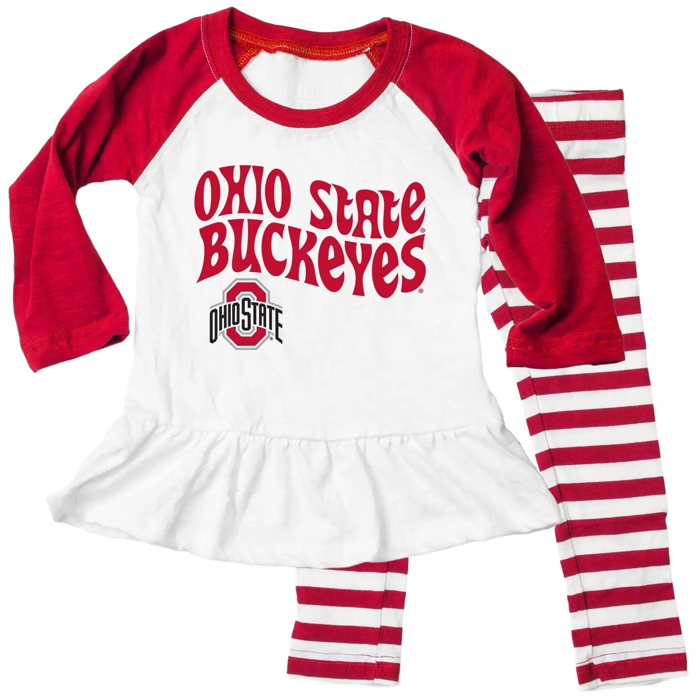 Children's outfit with 'Chico State Wildcats' shirt and striped pants on a white background