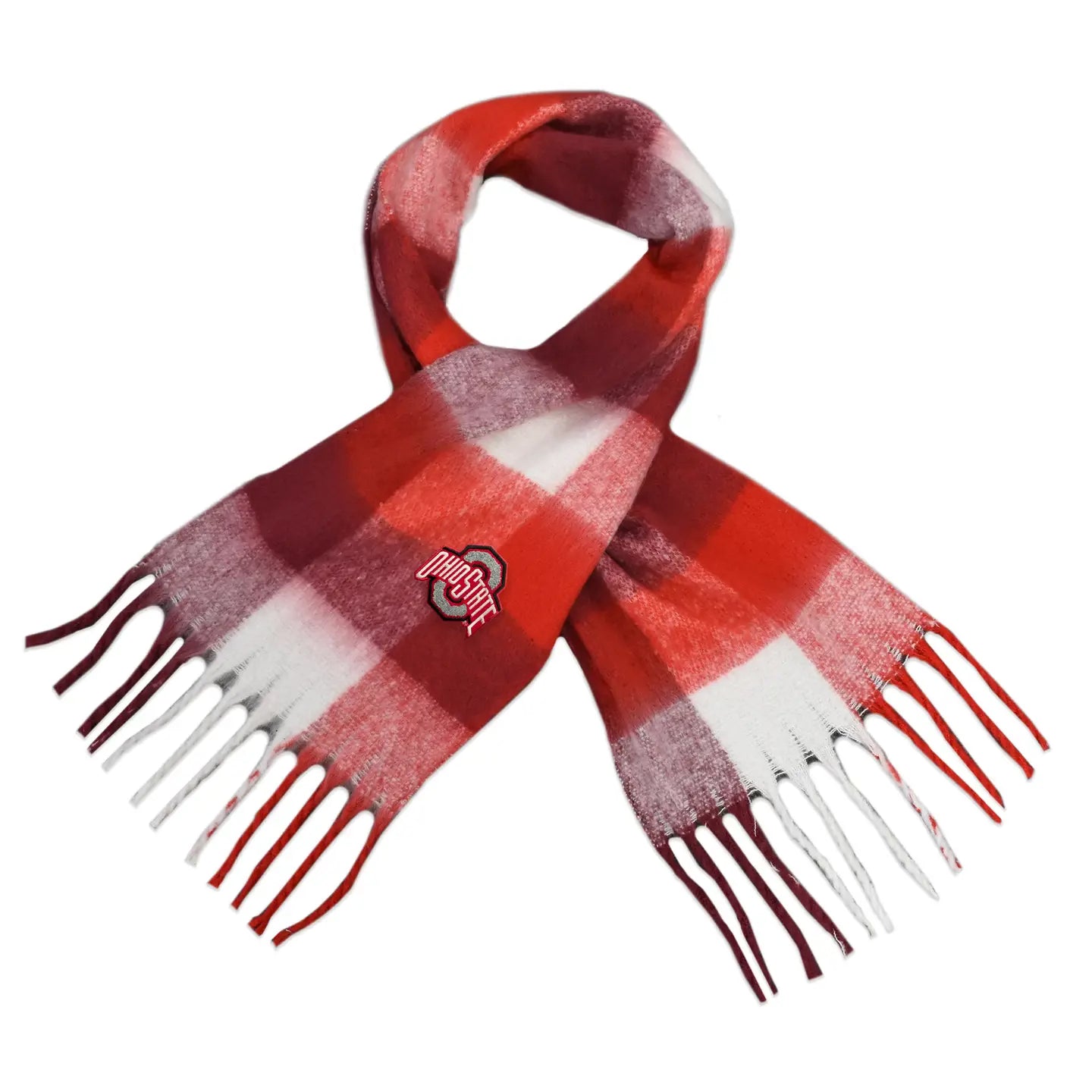 Red and white checkered scarf with fringes on a white background