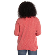 Person wearing a red long-sleeve shirt on a white background