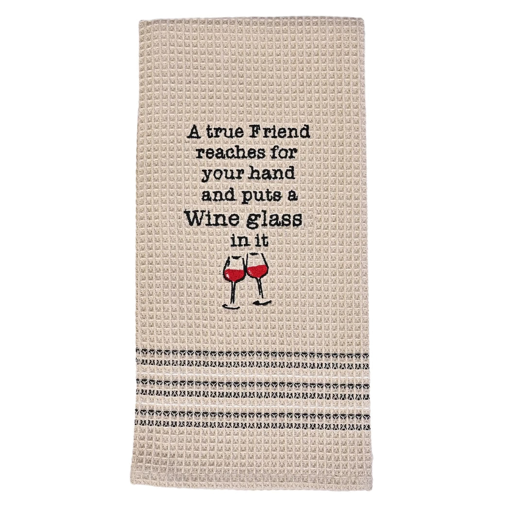 Textile product with a quote and wine glass design on a white background