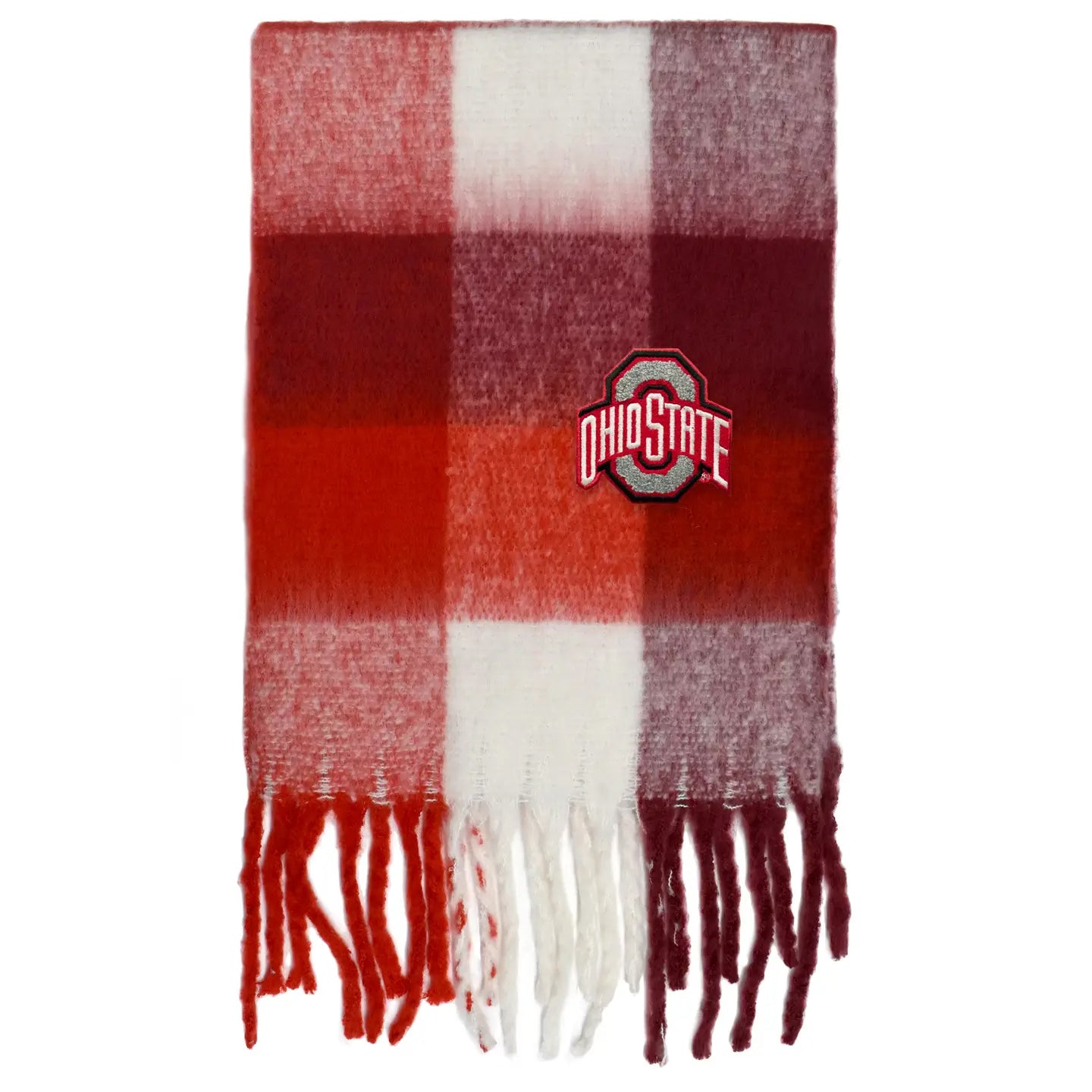 Plaid scarf with fringes and Ohio State logo on a white background