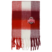 Plaid scarf with fringes and Ohio State logo on a white background