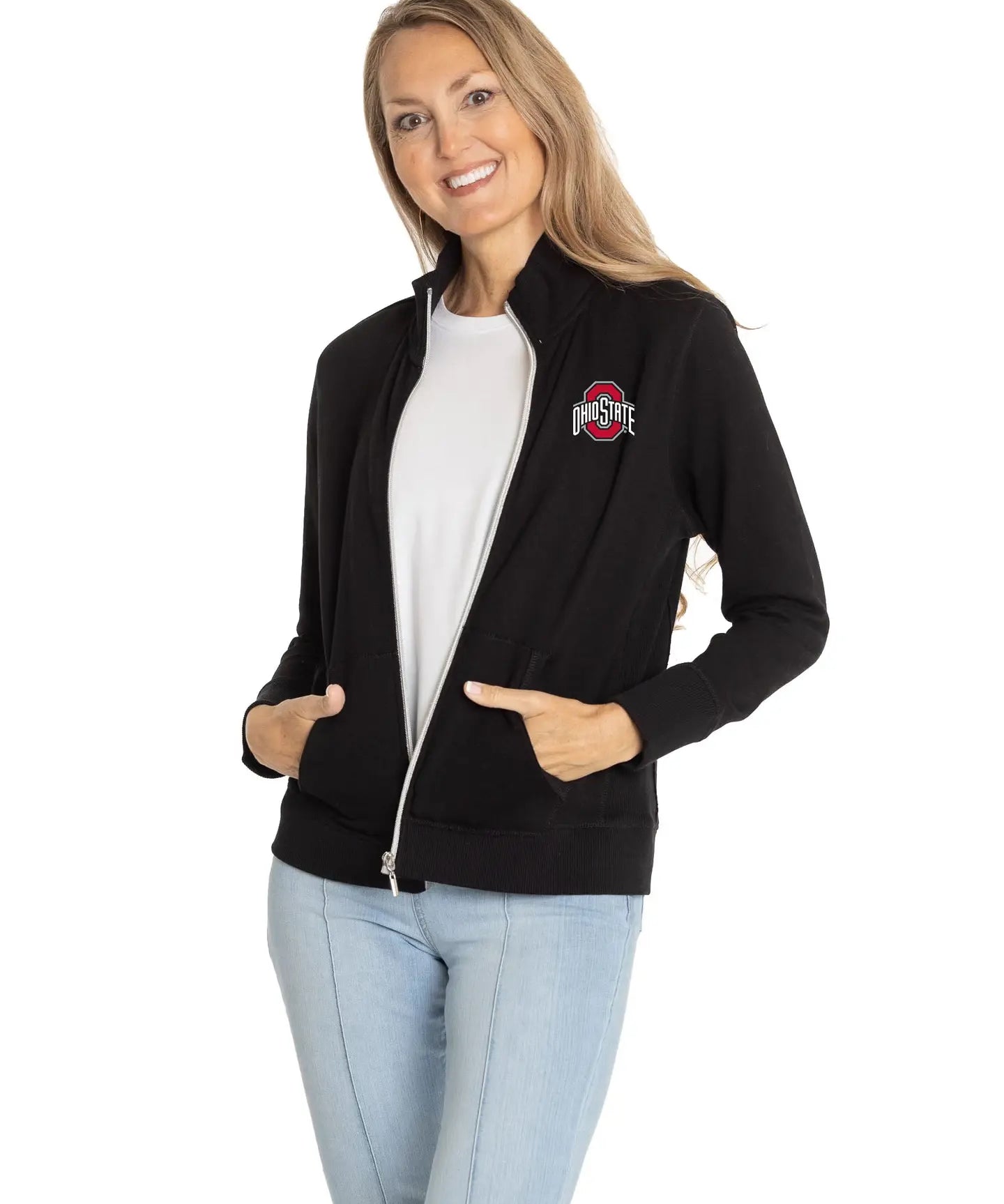 Woman wearing a black jacket with a logo on a white background