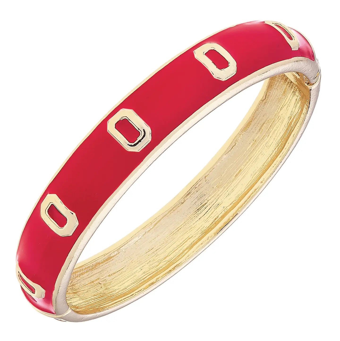 A gold-plated bangle bracelet with a vibrant red enamel outer band and raised gold geometric accents, shown on a plain white background.