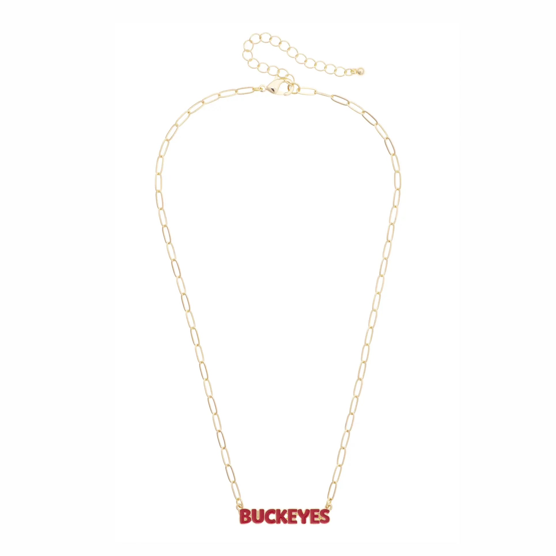 A gold paperclip chain necklace with a red 'BUCKEYES' text pendant, displayed on a clean white background.