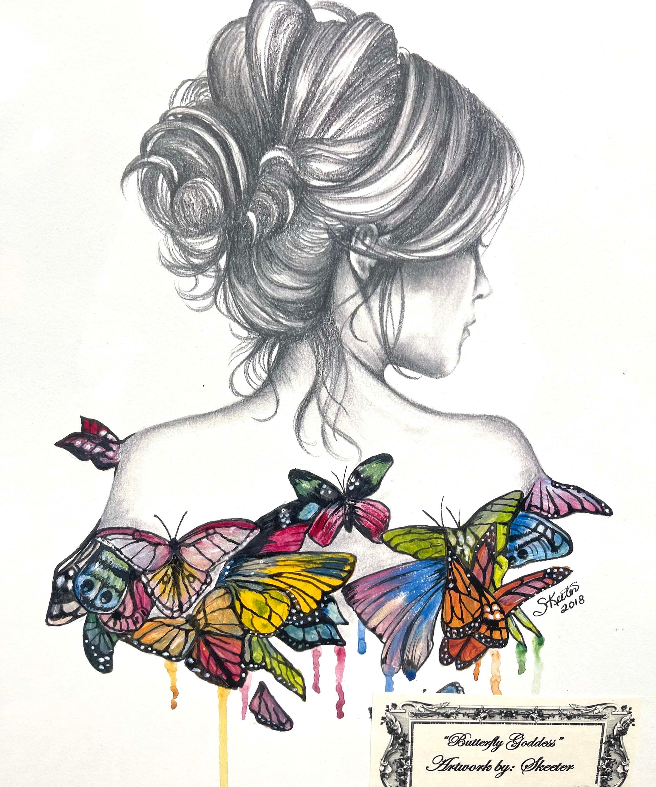 ACRYLIC PRINT, YOUNG WOMAN TOUCHED BY GENTLE BUTTERFLIES