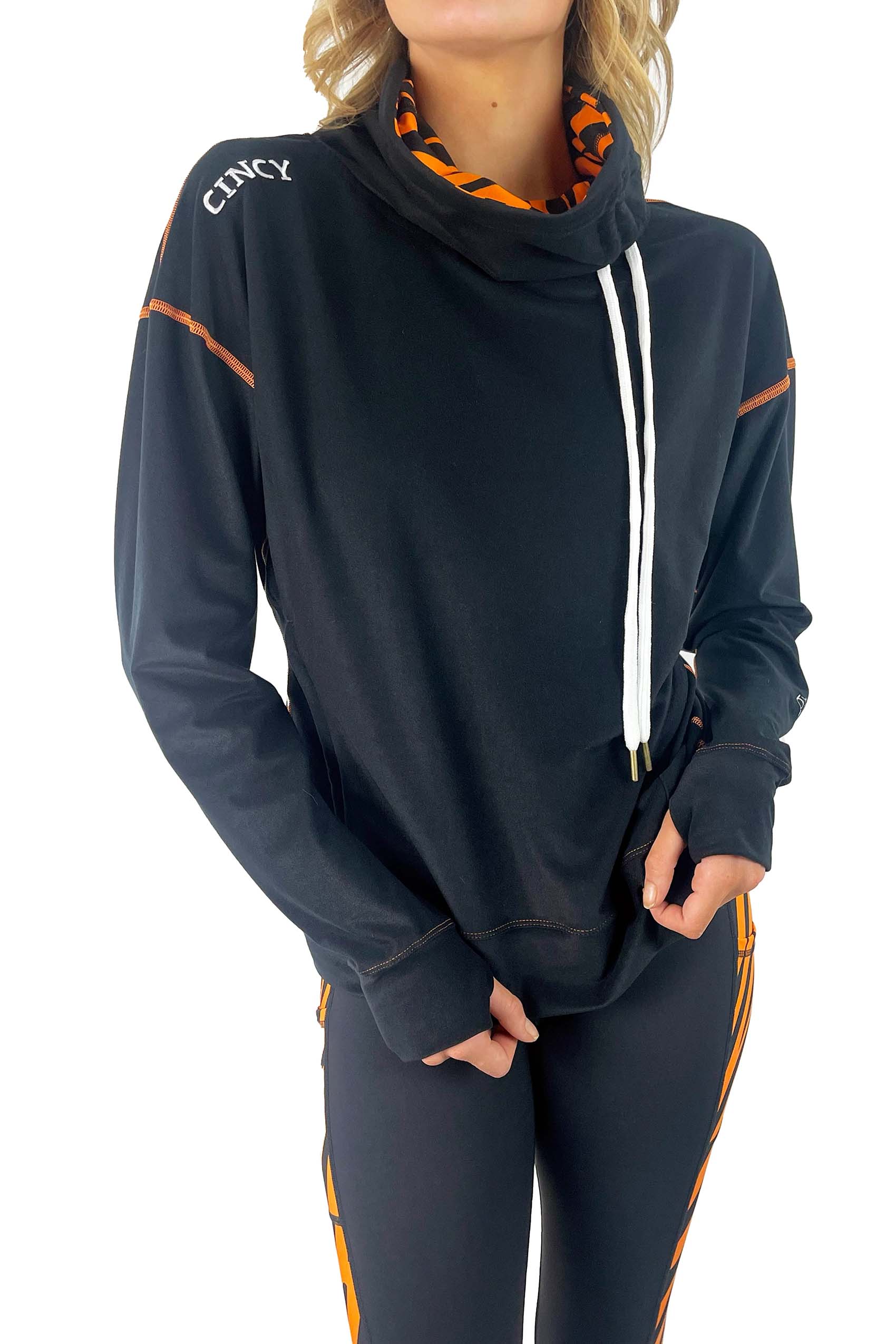 "Cincy Love" Mock Neck Pullover/Black modeled