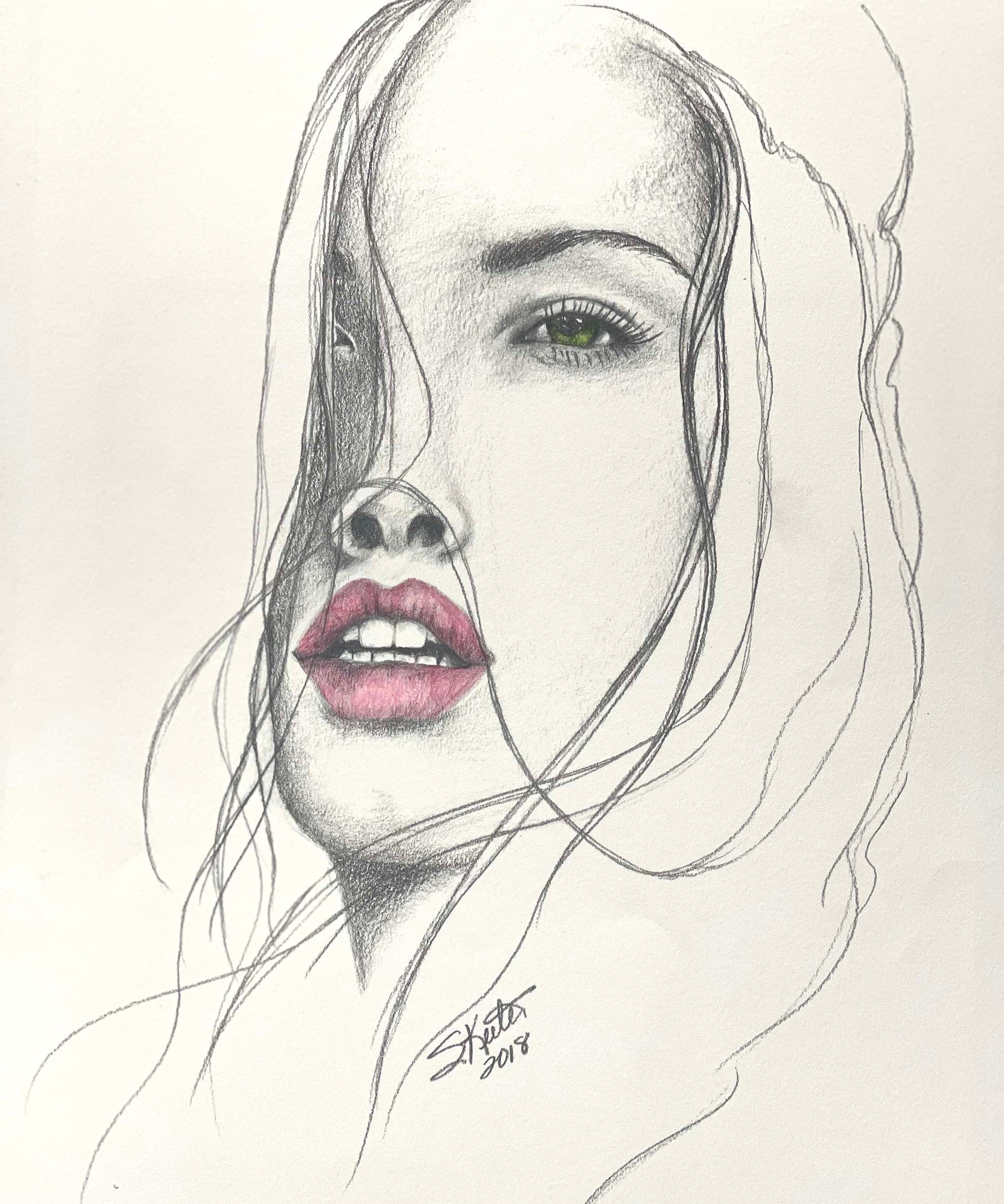 COLORED PENCIL, YOUNG WOMAN WITH FARAWAY LOOK