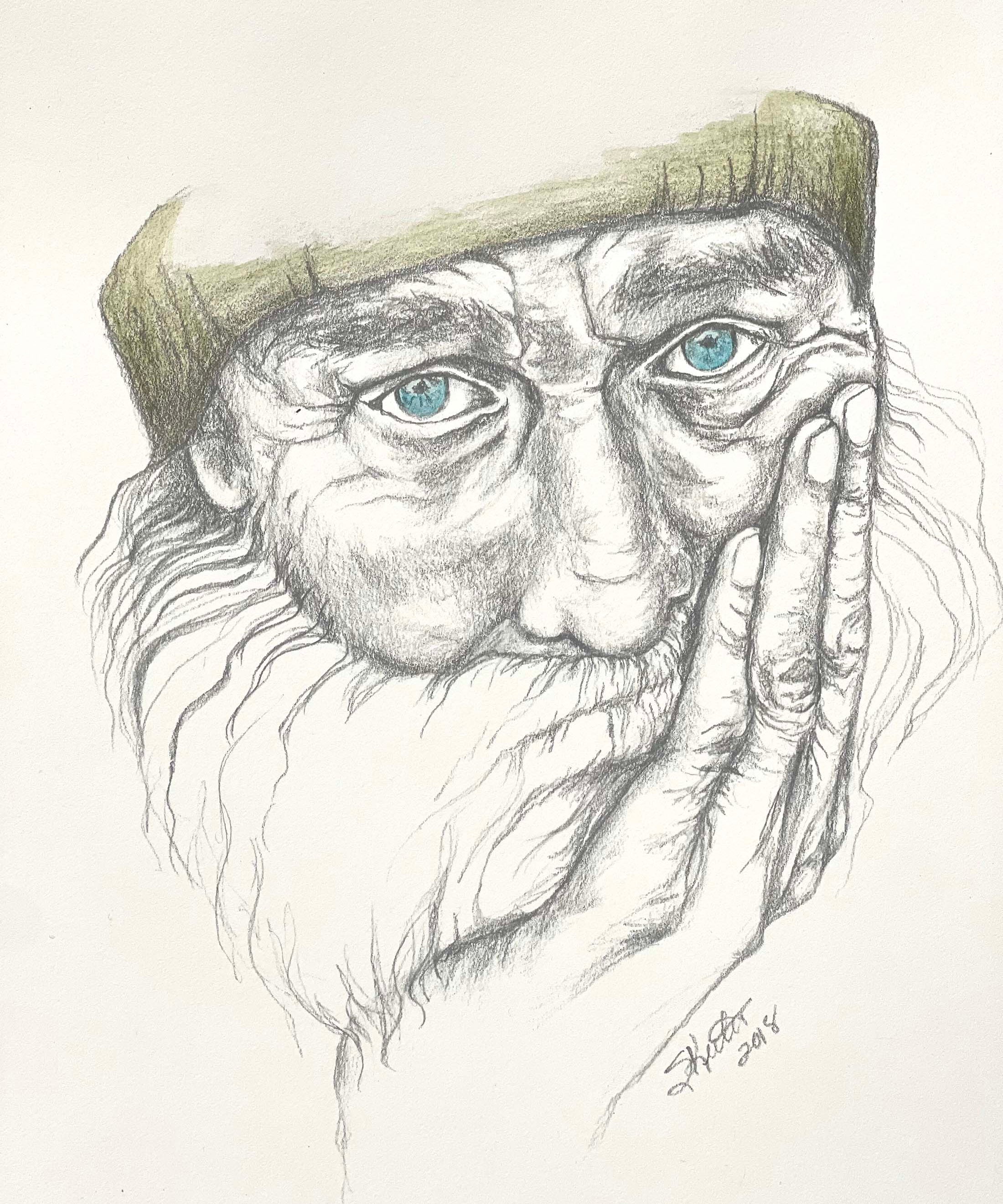 COLORED PENCIL, OLD MAN WITH WRINKLES AND A STORY