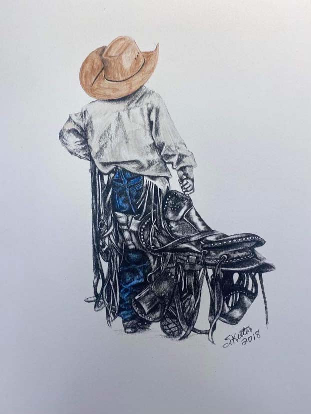 PENCIL PRINT/COLORED PENCIL, YOUNG COWBOY JUST LIKE HIS DADDY