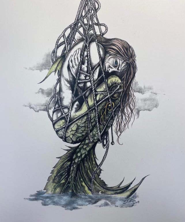 mermaid caught, Hand colored giclee