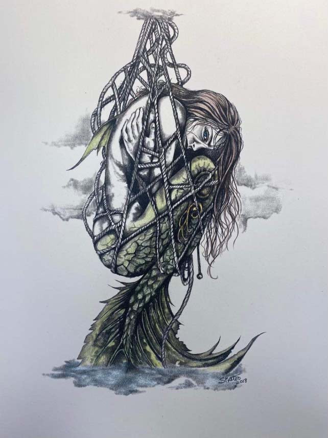 mermaid caught, Hand colored giclee