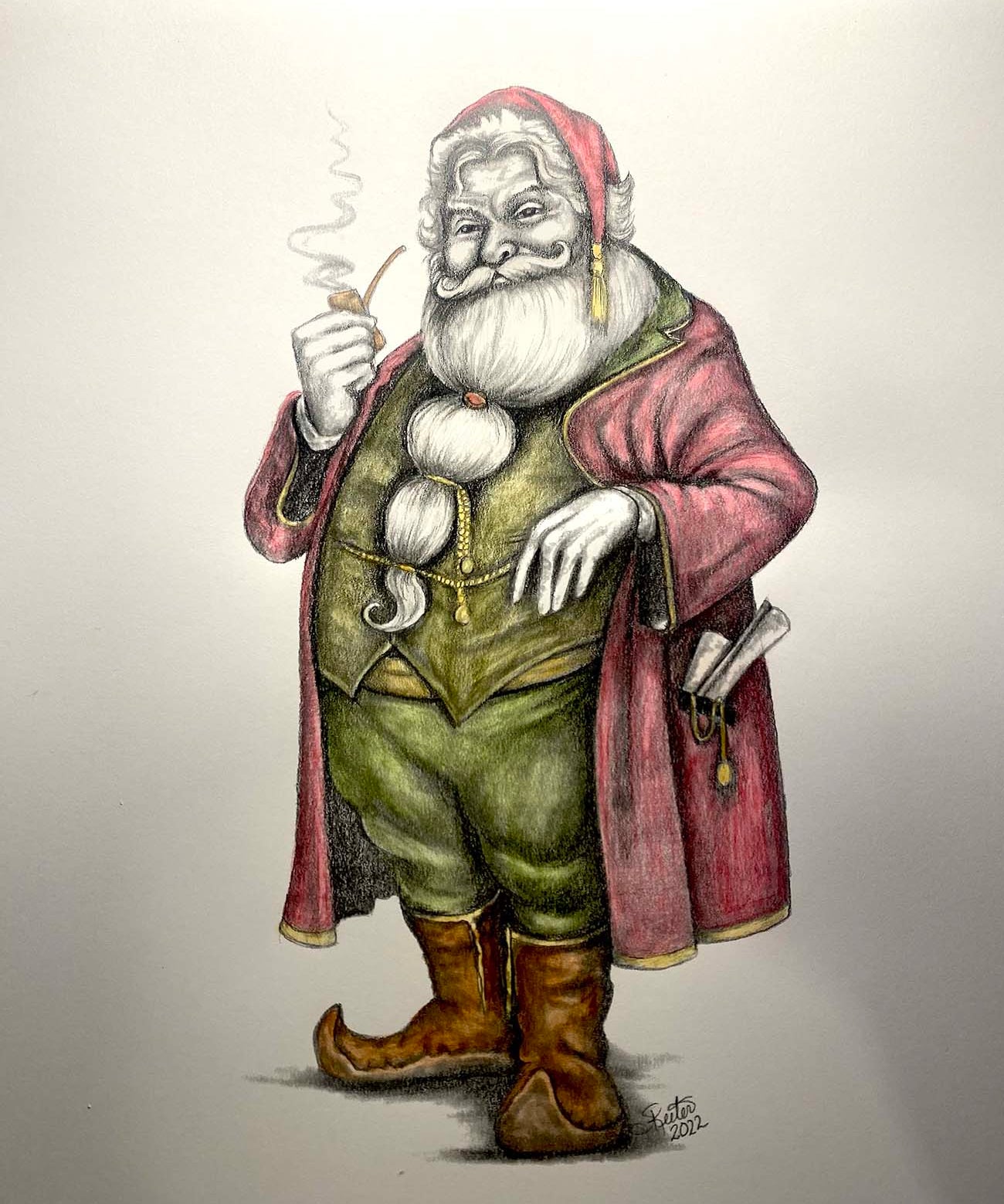 Colored pencil Santa with a Pipe