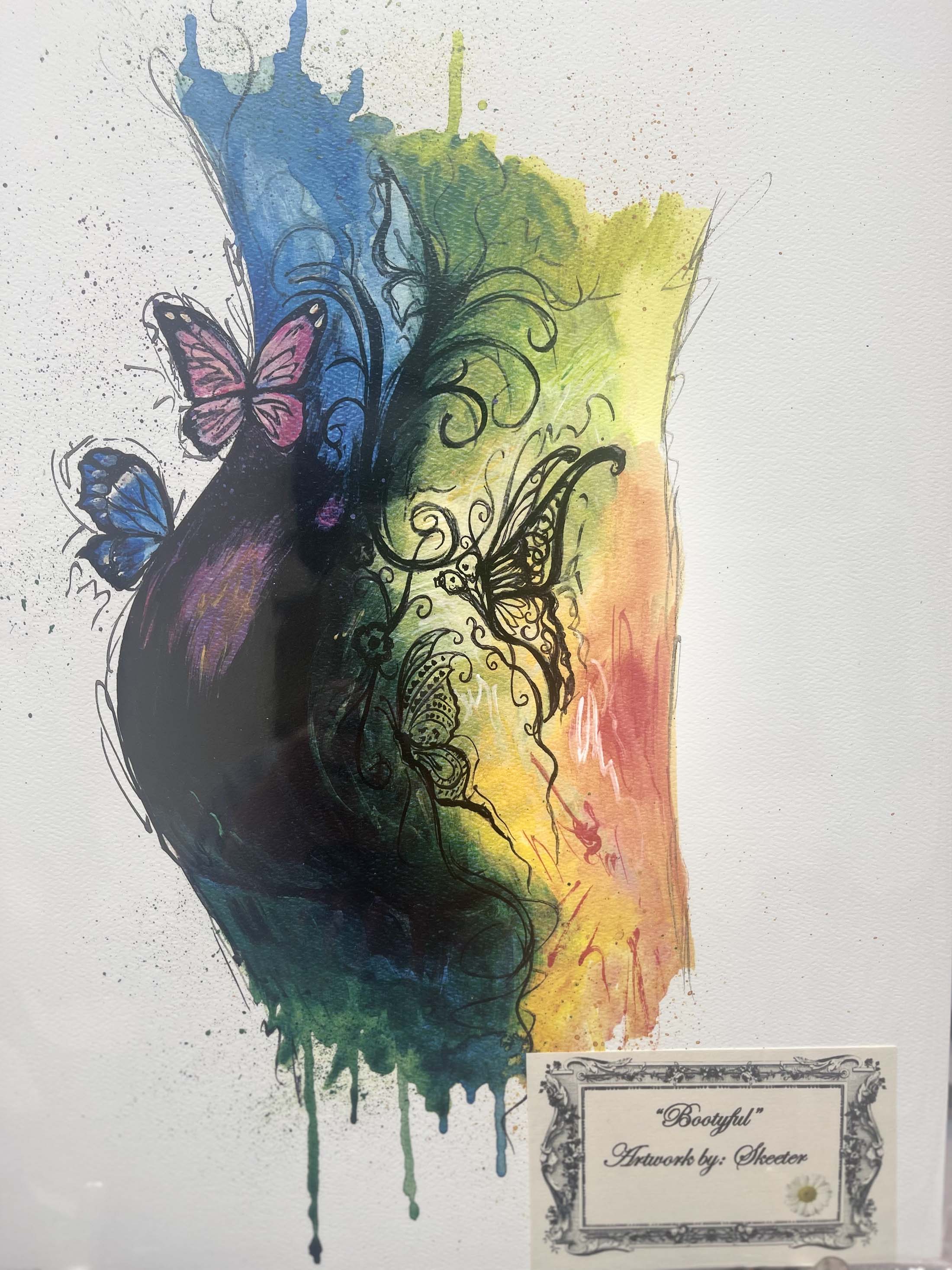 watercolor, butt, butterflies, rainbow colors