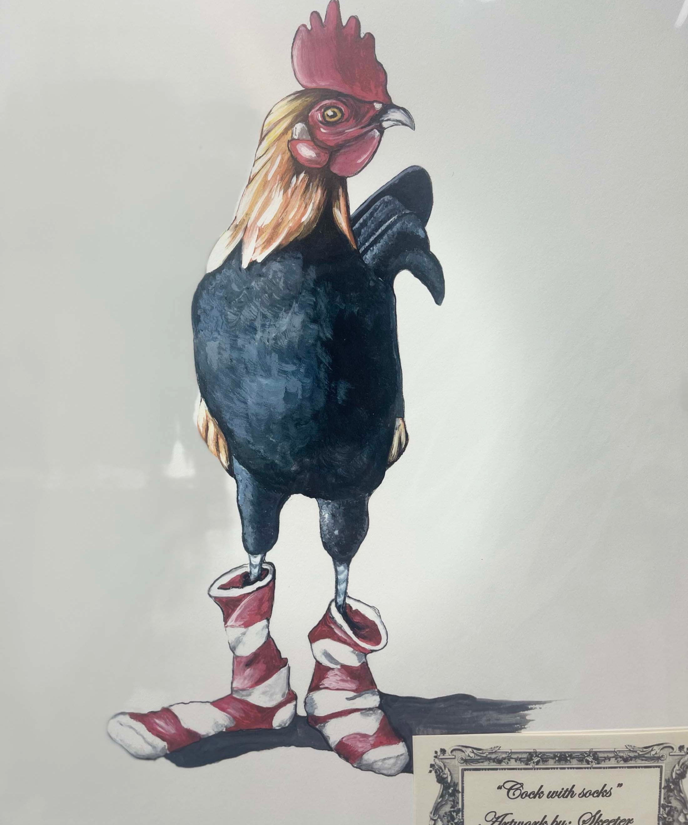 watercolor, rooster, wearing red and white stripe socks