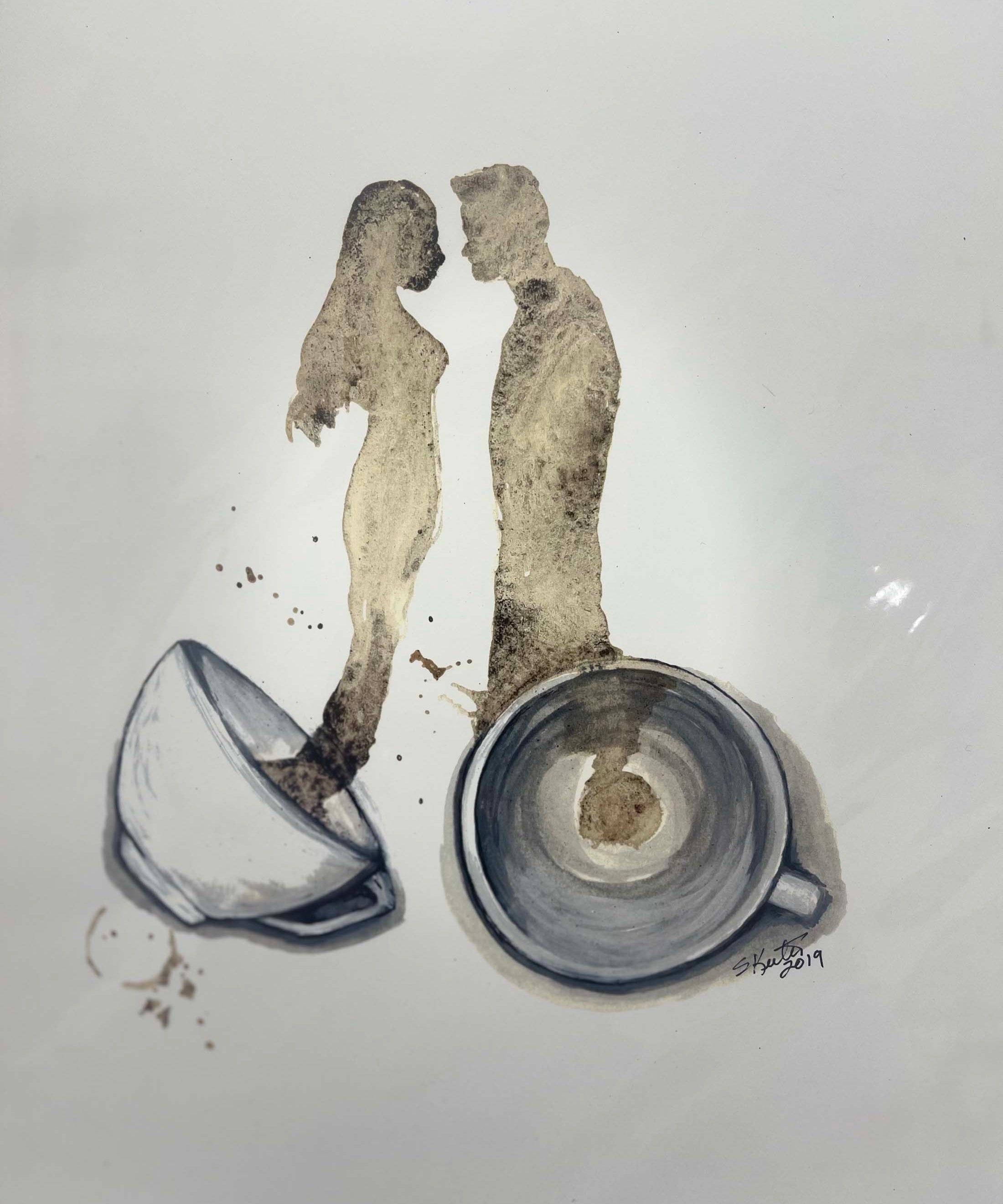watercolor, couple about to kiss, coffee cups spill to form color