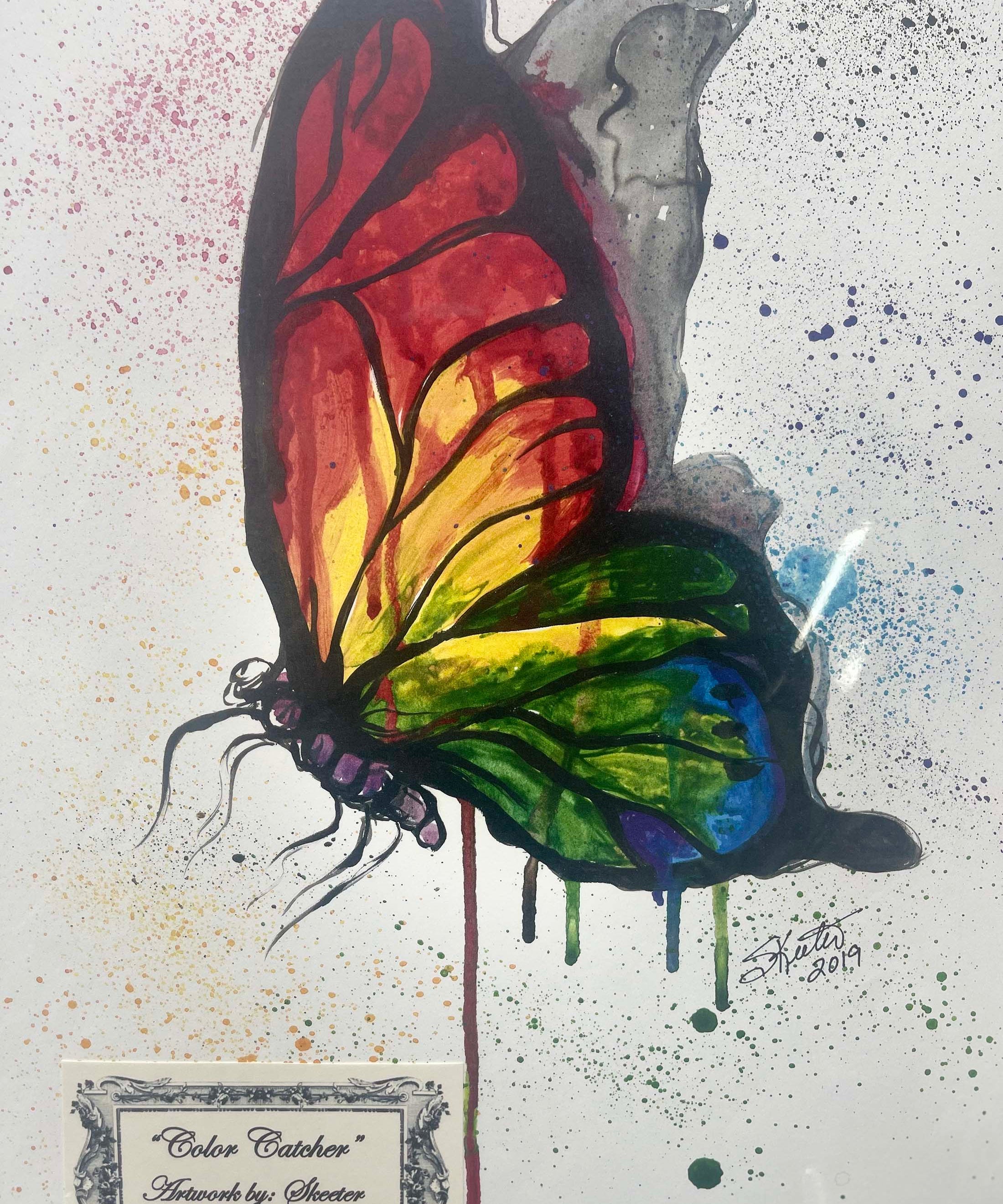 watercolor, butterfly, rainbow colors, splatter art style