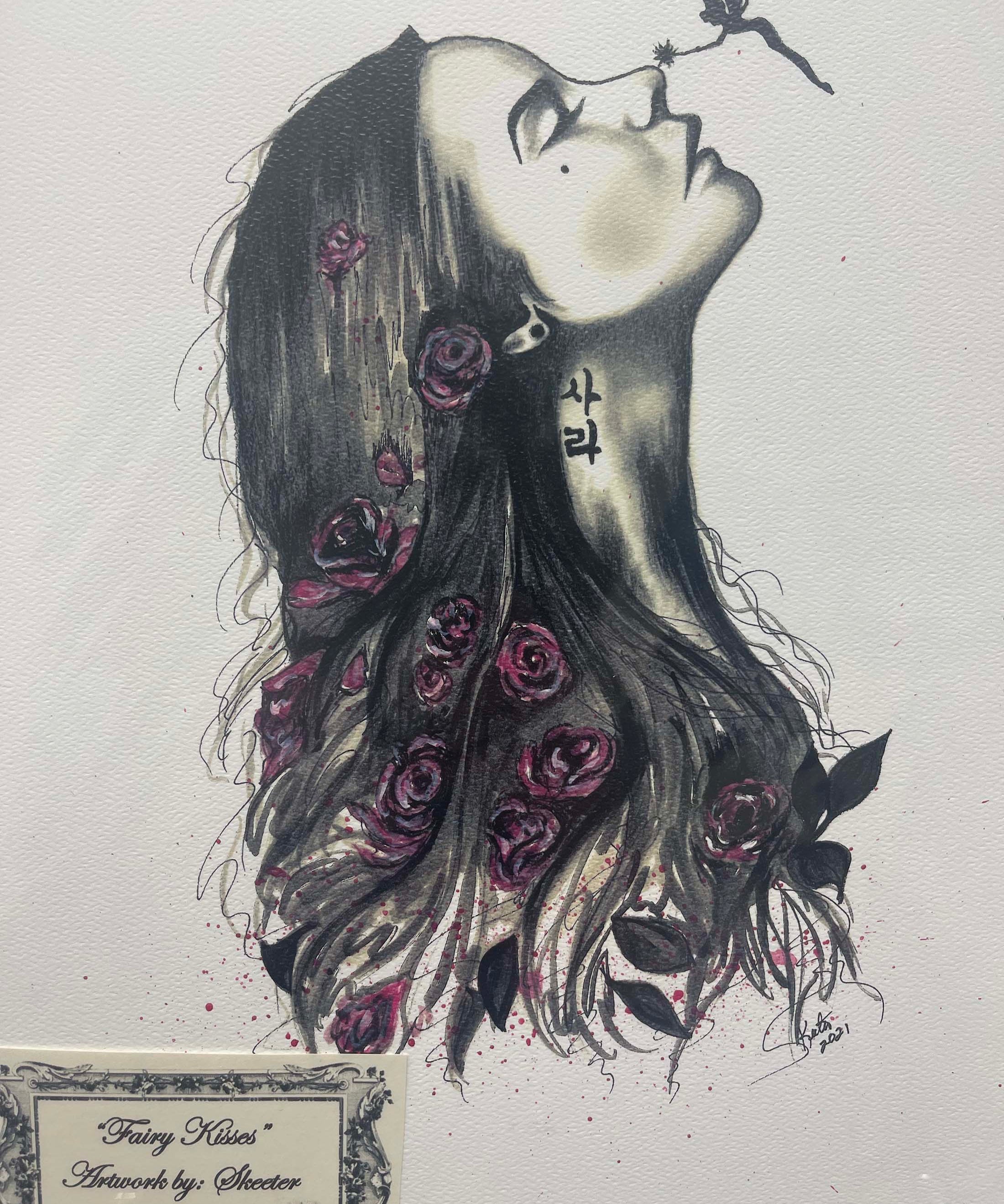 watercolor, women with long black hair, red roses in hair, tinkerbell on tip of her nose