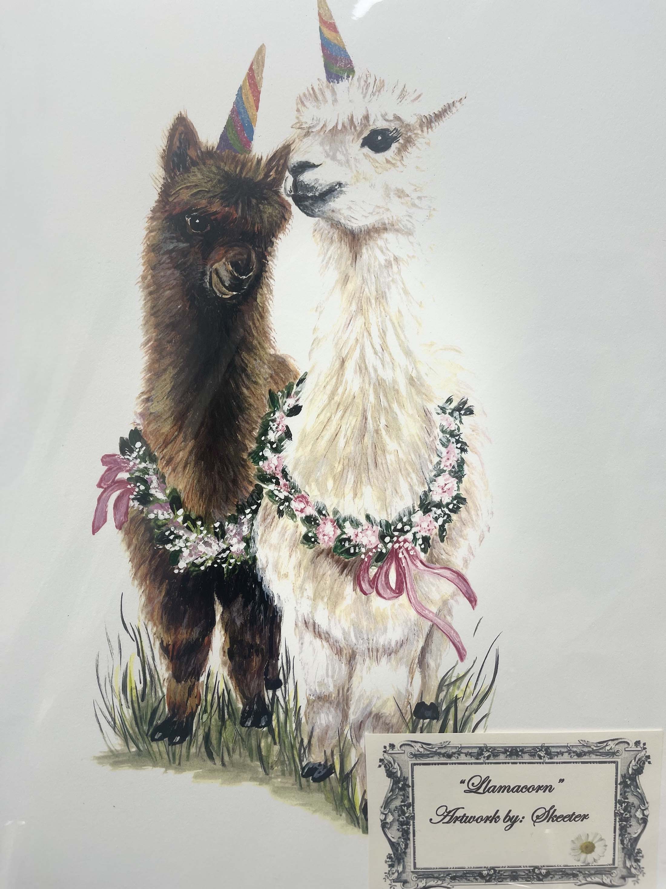 watercolor, liama with unicorn and flower necklace